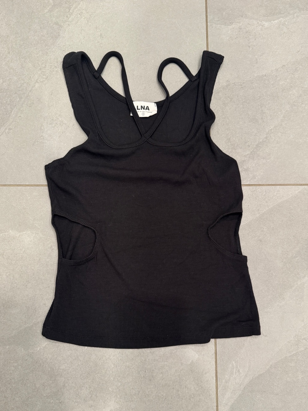 LNA Black Ribbed Tank with Side Cutouts and Double-Strap Detail